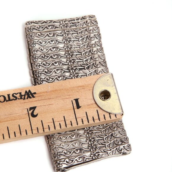 Silver Metal Wide Cuff Bracelet Floral Stretch Antiqued Boho Brushed Bangle - Picture 4 of 7